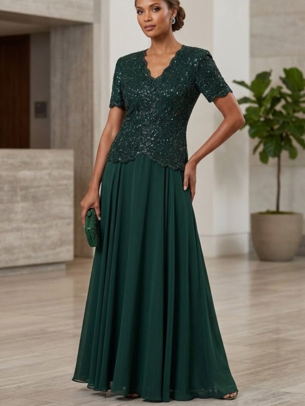 Brilliante by J.A. Dark Green Beaded Formal Gown Chiffon Swing Skirt Size Small